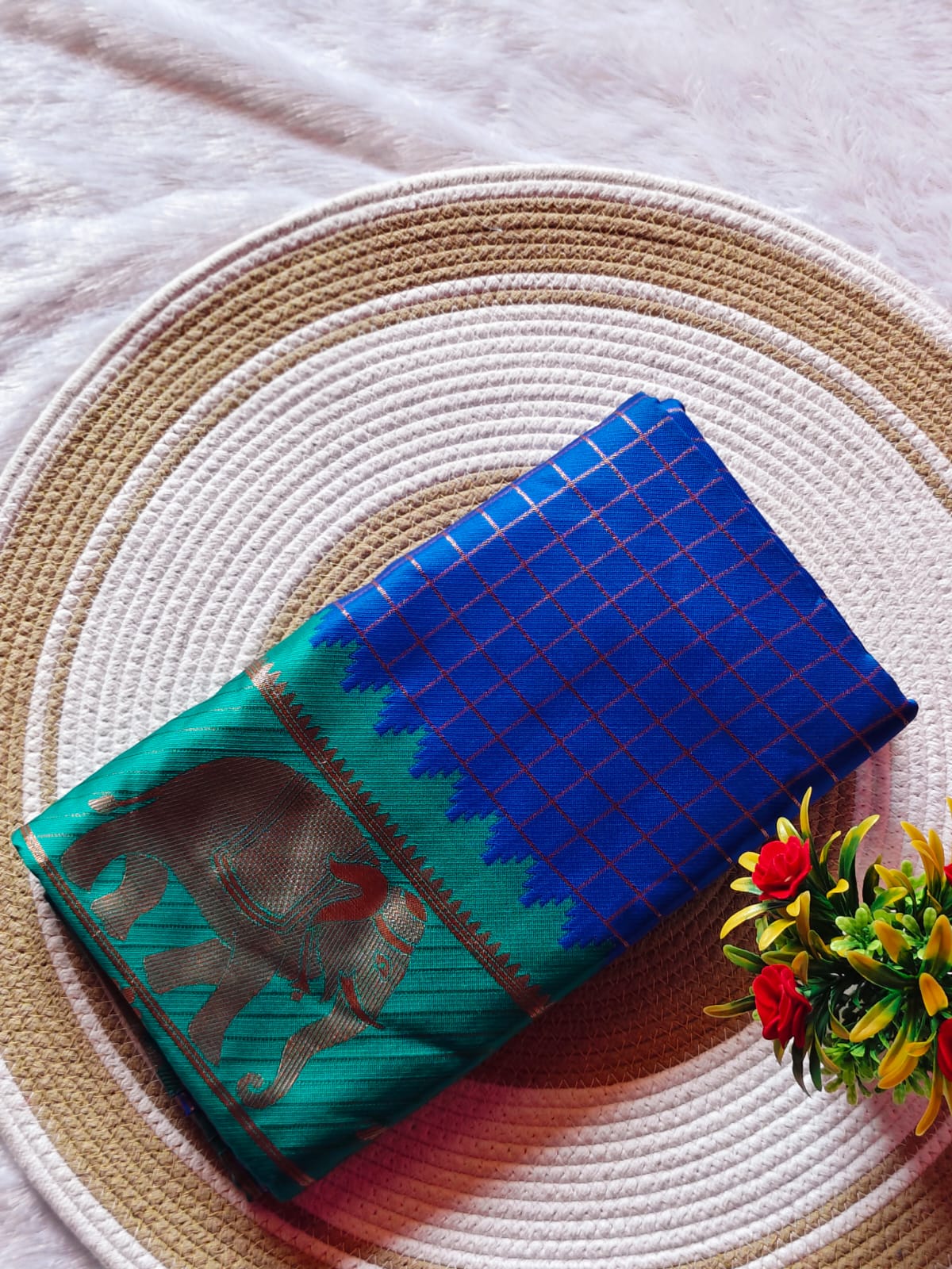 Royal Blue Elephant Checked Saree