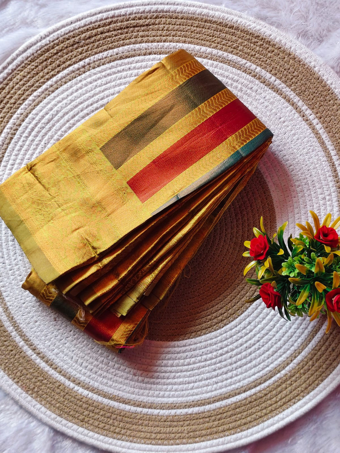 Kanchipuram Yellow With Multicolour Vertical Lines Saree