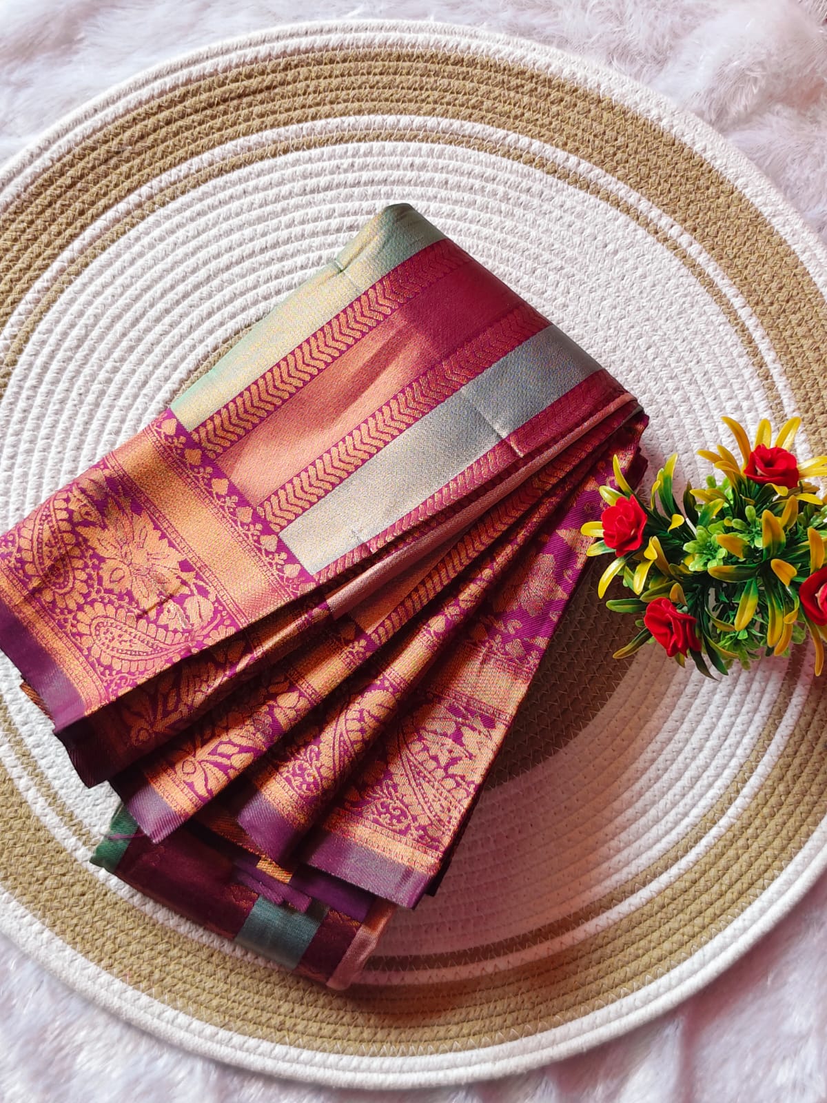 Kanchipuram Purple With Multicolour Vertical Lines Saree