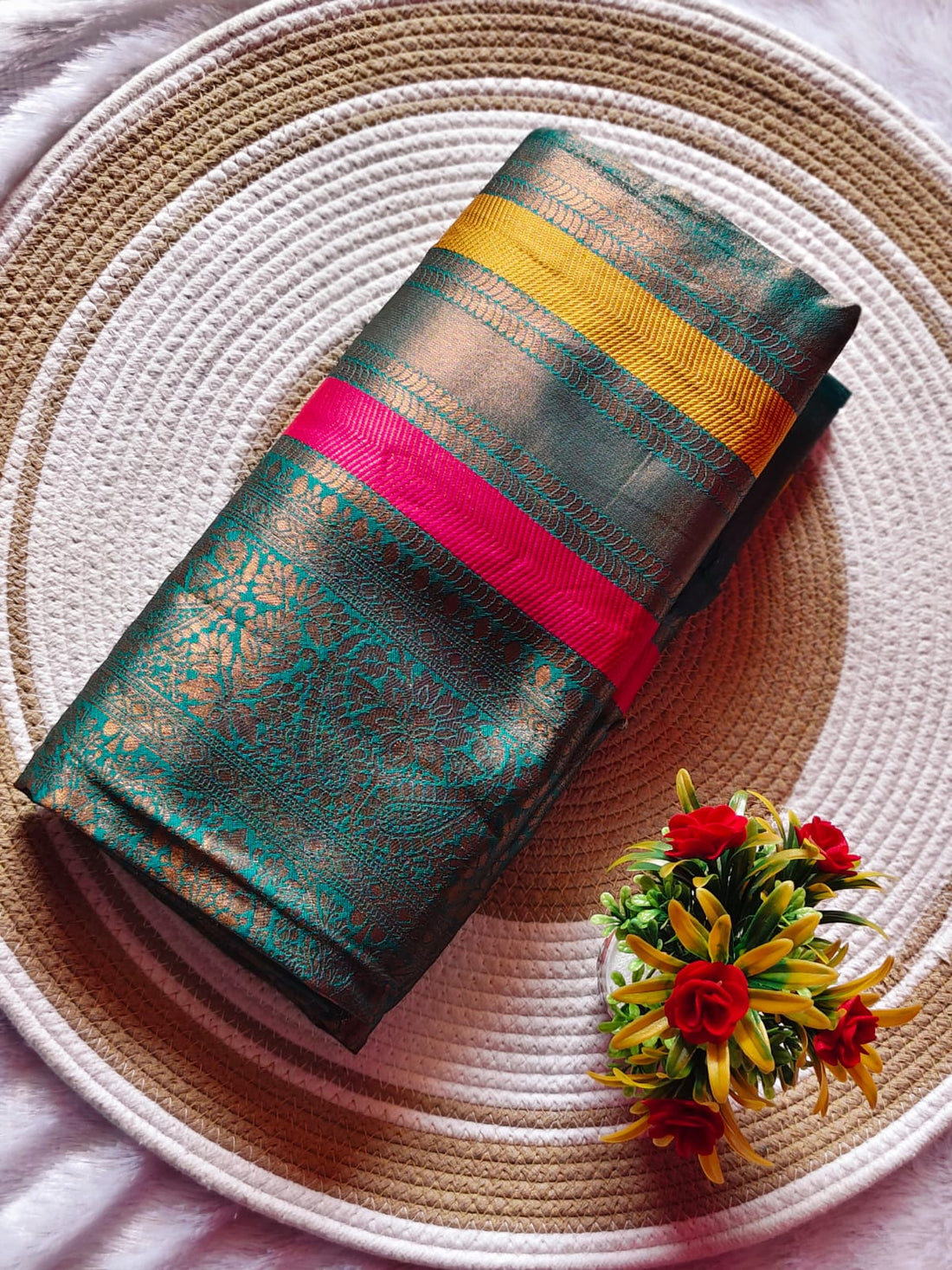 Kanchipuram Sky Blue With Multicolour Vertical Lines Saree