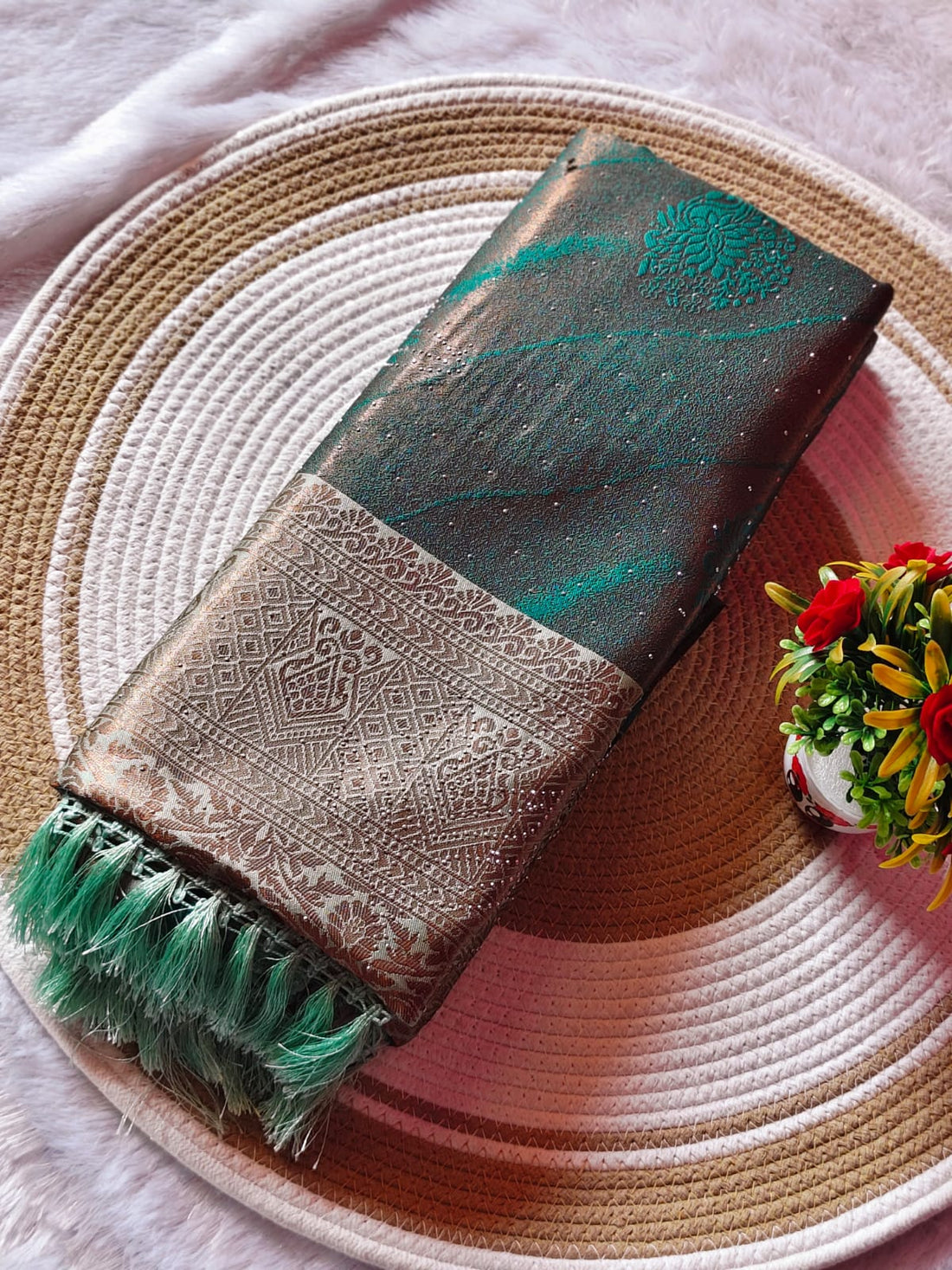 Grand Steel Blue Stone Work Kanchipuram Silk Saree