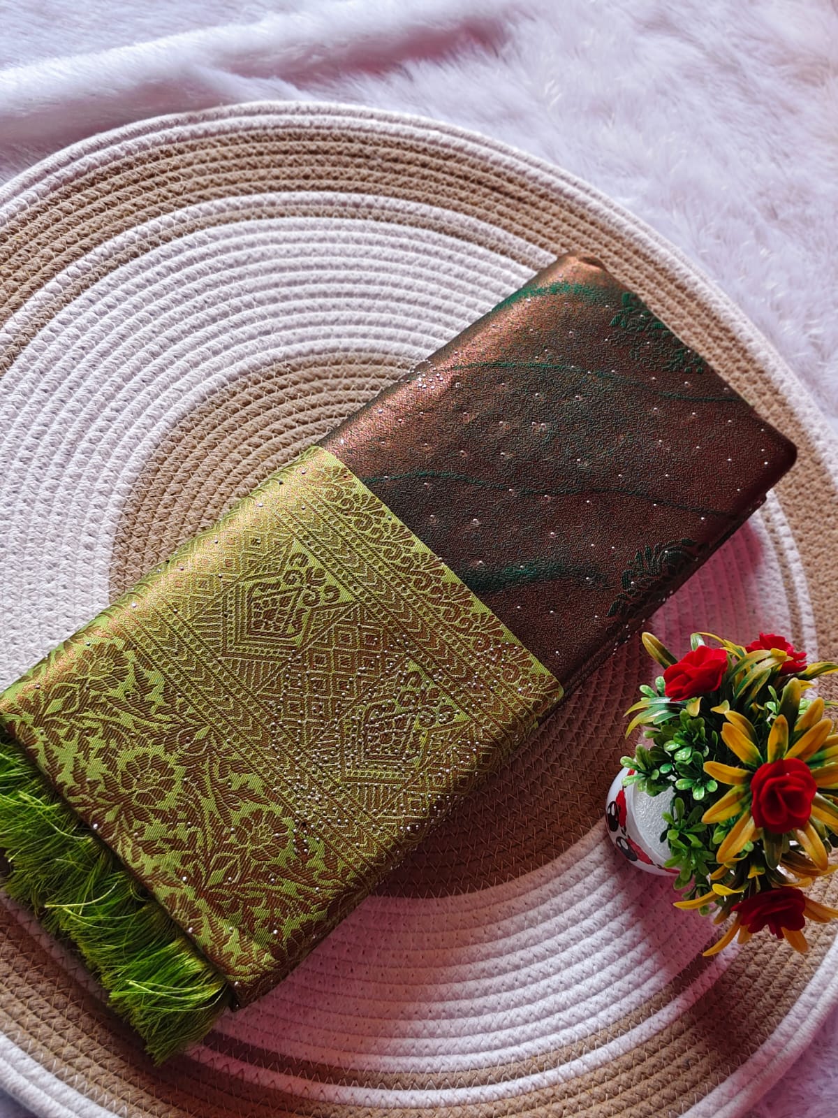 Grand Bottle Green Stone Work Kanchipuram Silk Saree