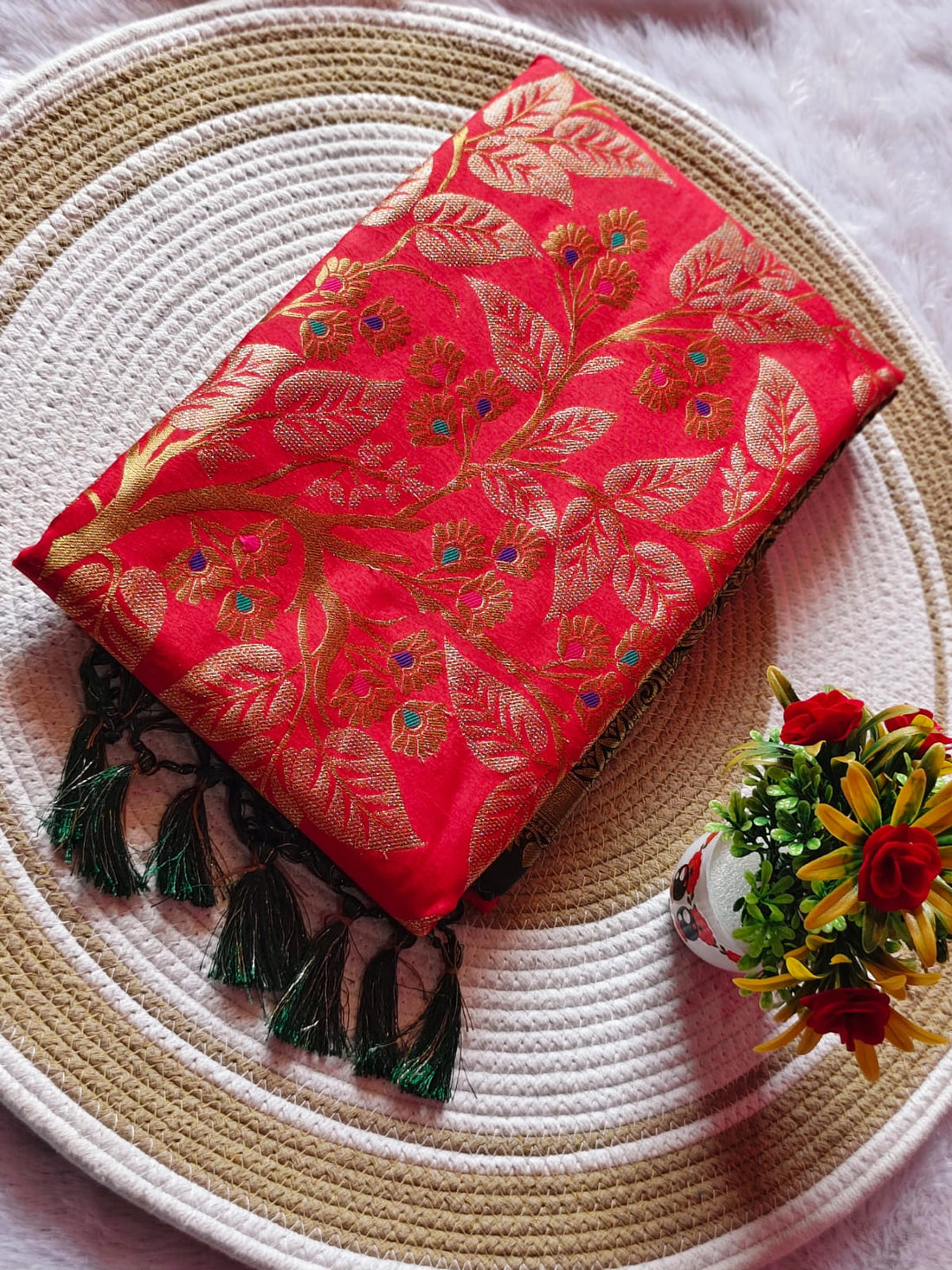 Meena Emboss Red Kanchipuram Silk Saree