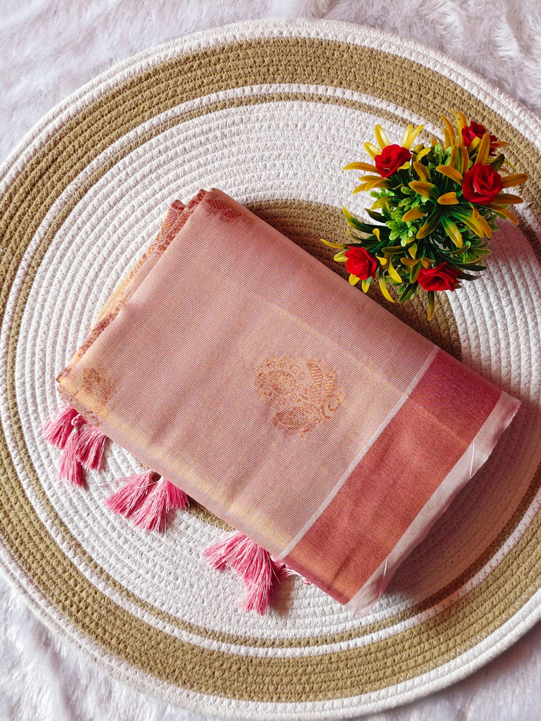 Copper Baby Pink Silk Jari Cotton Saree