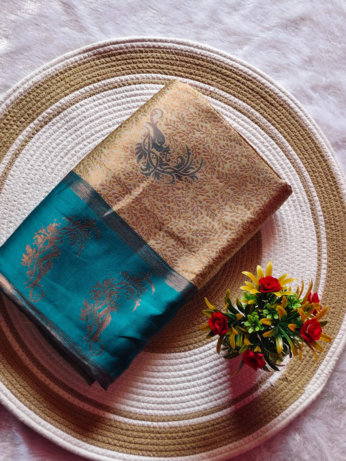 Light Sandal With Sye Blue Dual Tone Dream Saree