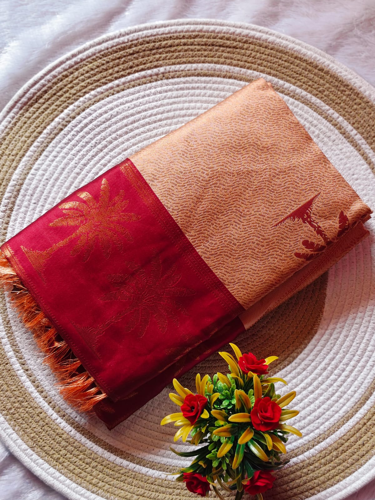 Light Orange With Maroon Dual Tone Dream Saree