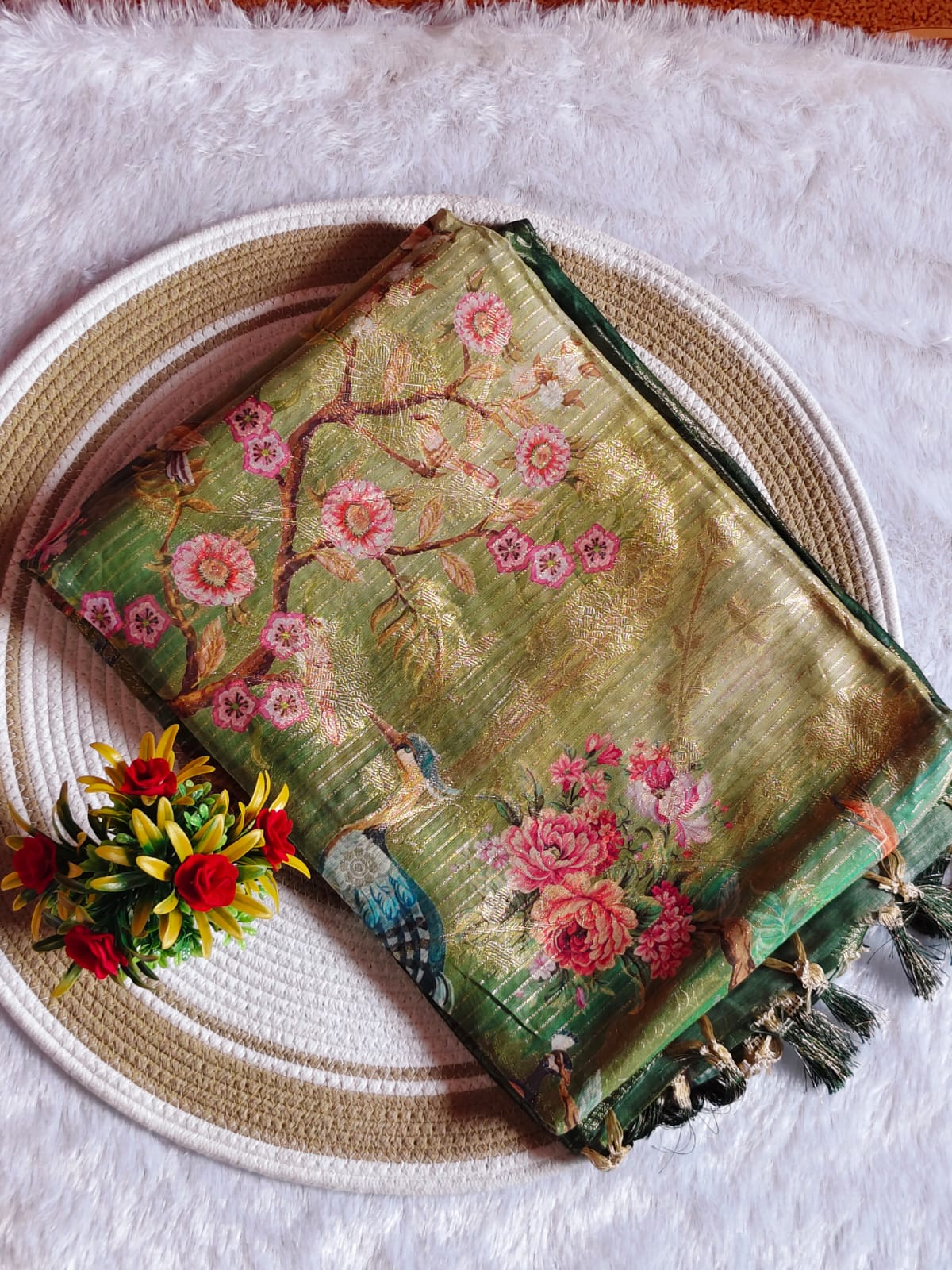 Peacock Gold Bottle Green Banarasi Saree