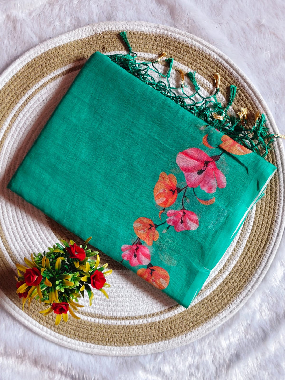 Floral Breeze Light Green Linen Cotton Saree