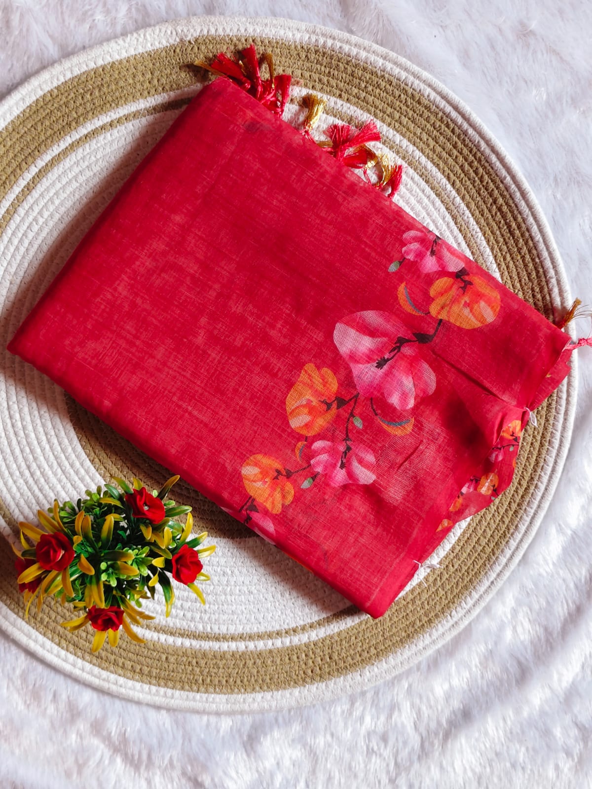 Floral Breeze Maroon Linen Cotton Saree