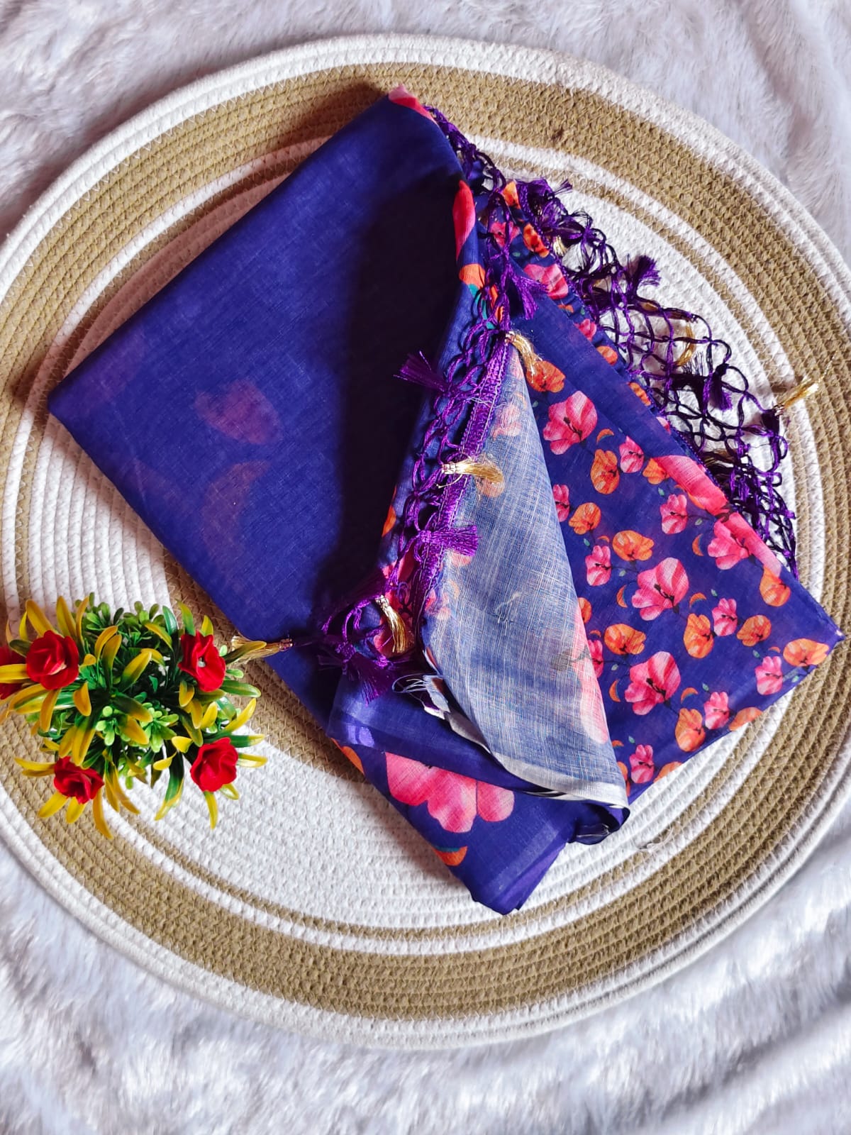 Floral Breeze Blue Linen Cotton Saree