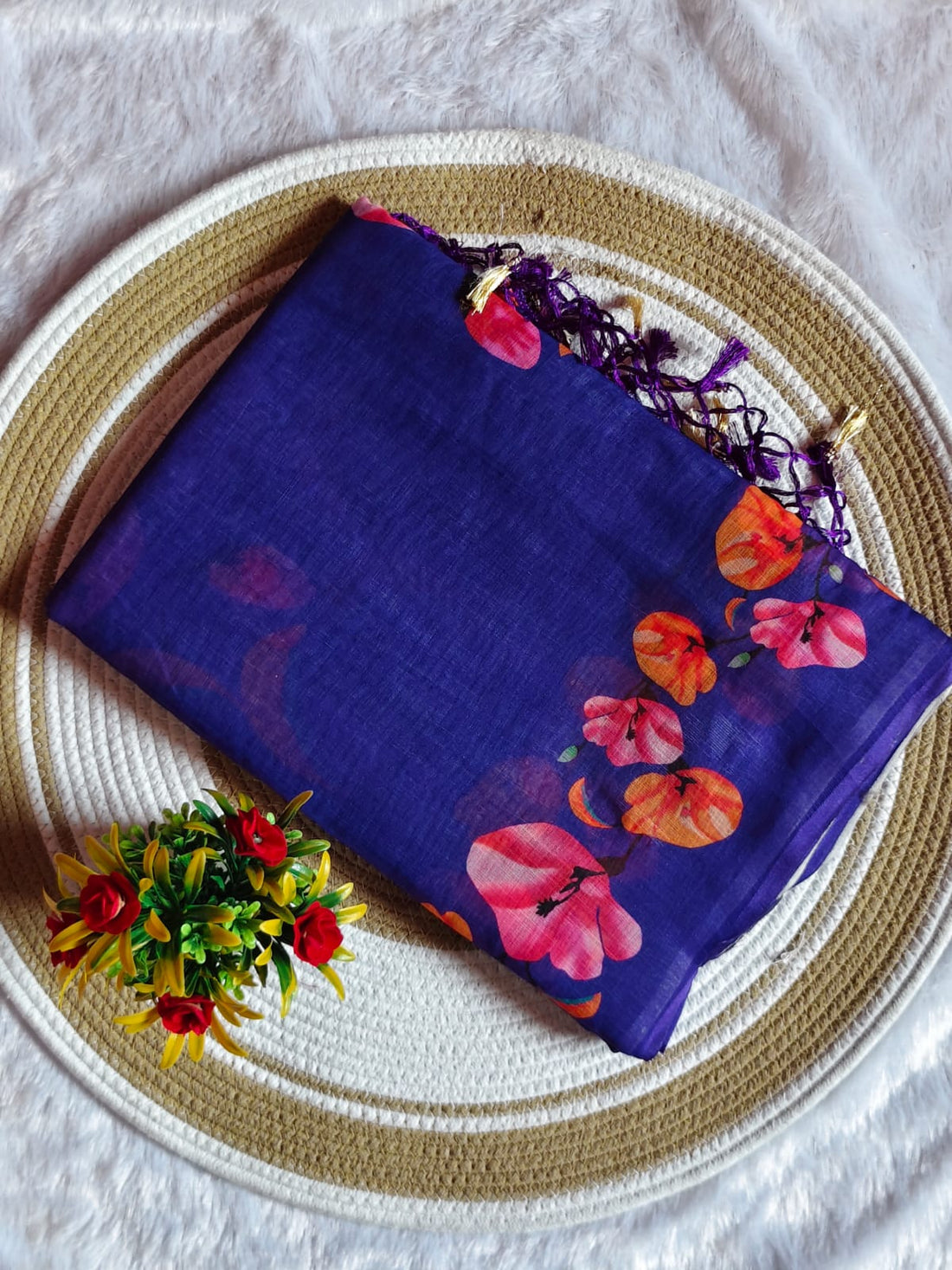 Floral Breeze Blue Linen Cotton Saree