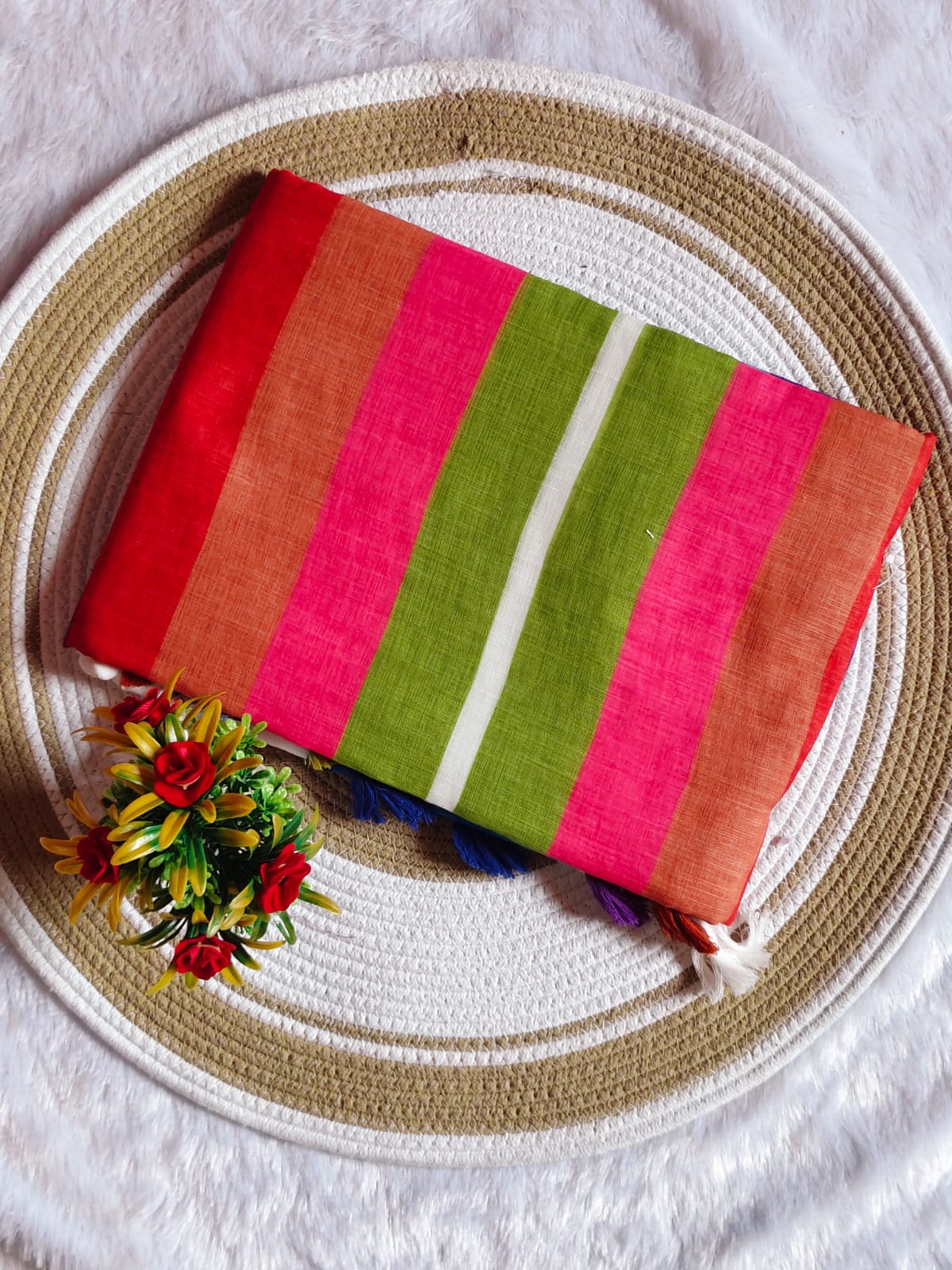 White Base Multi-Colour Linen Cotton Saree