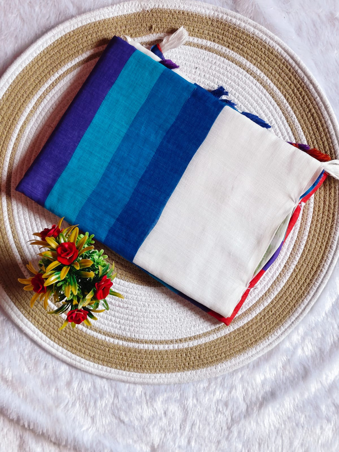 White Base Multi-Colour Linen Cotton Saree