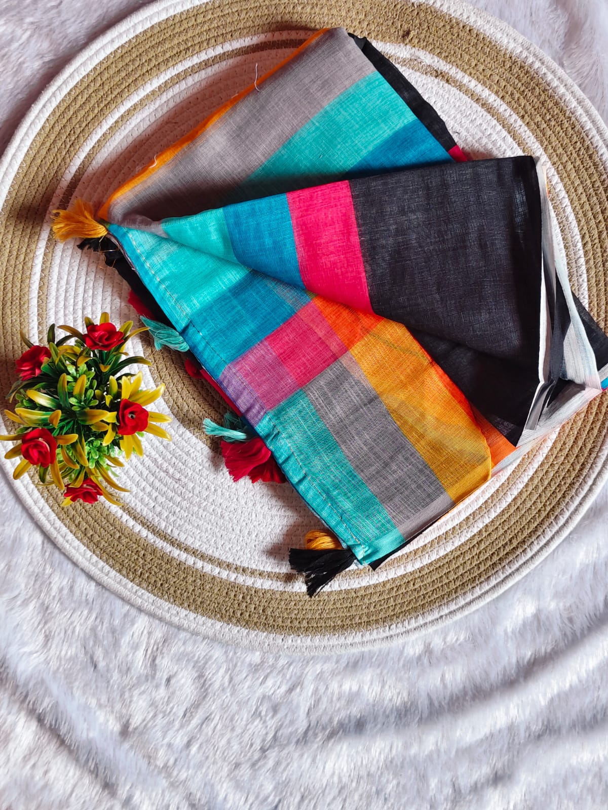 Black Base Multi-Colour Linen Cotton Saree