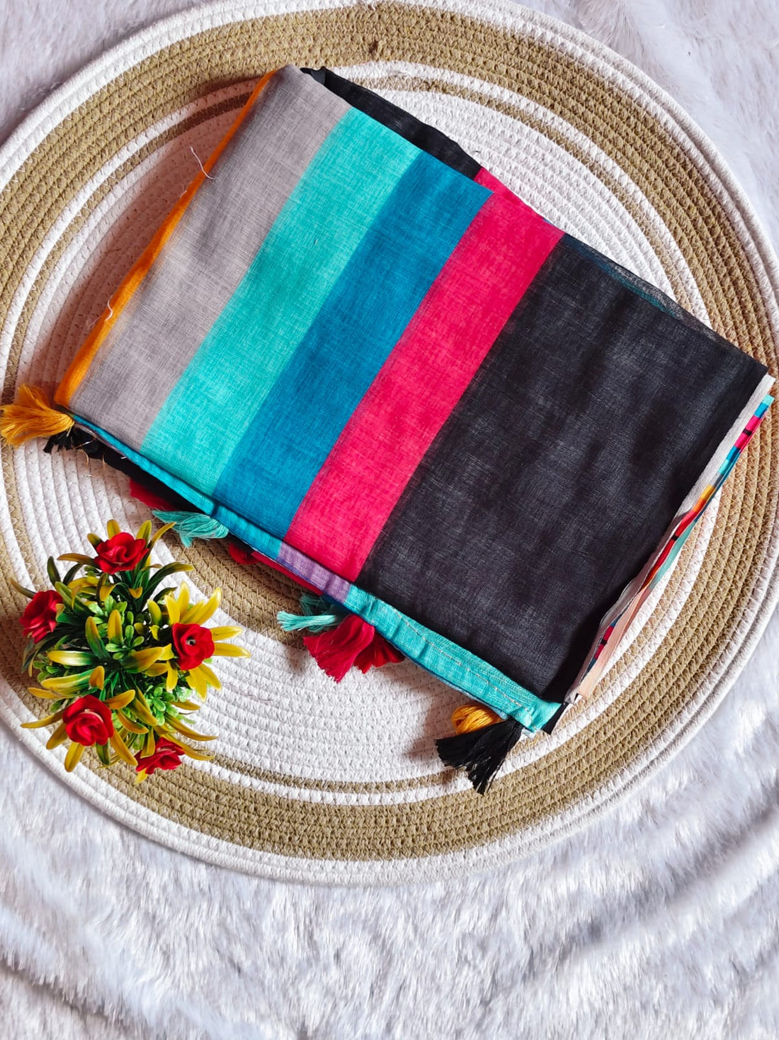 Black Base Multi-Colour Linen Cotton Saree