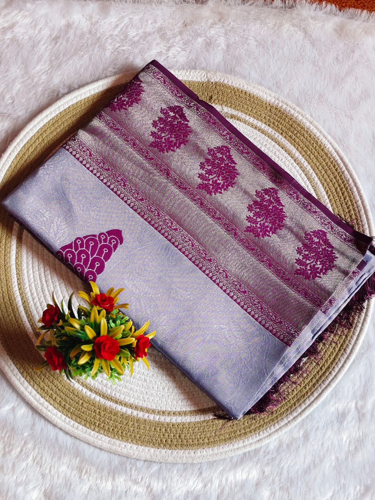 Grand Purple Peacock Banarasi Silk Saree