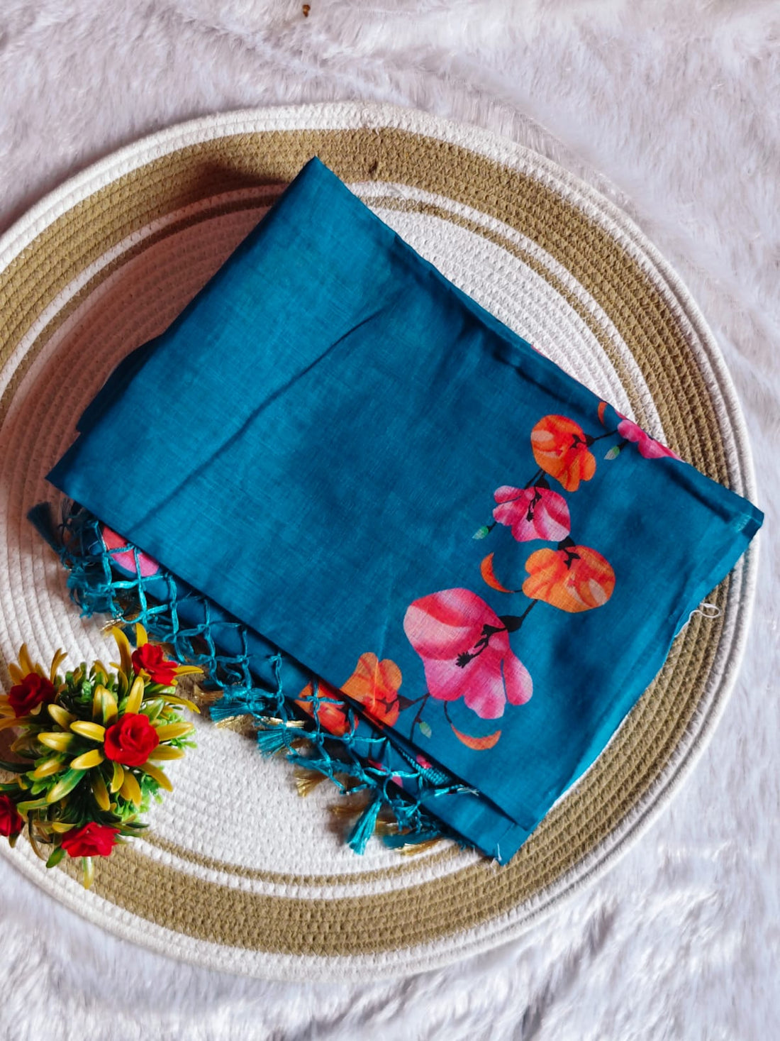 Floral Breeze Sky Blue Linen Cotton Saree
