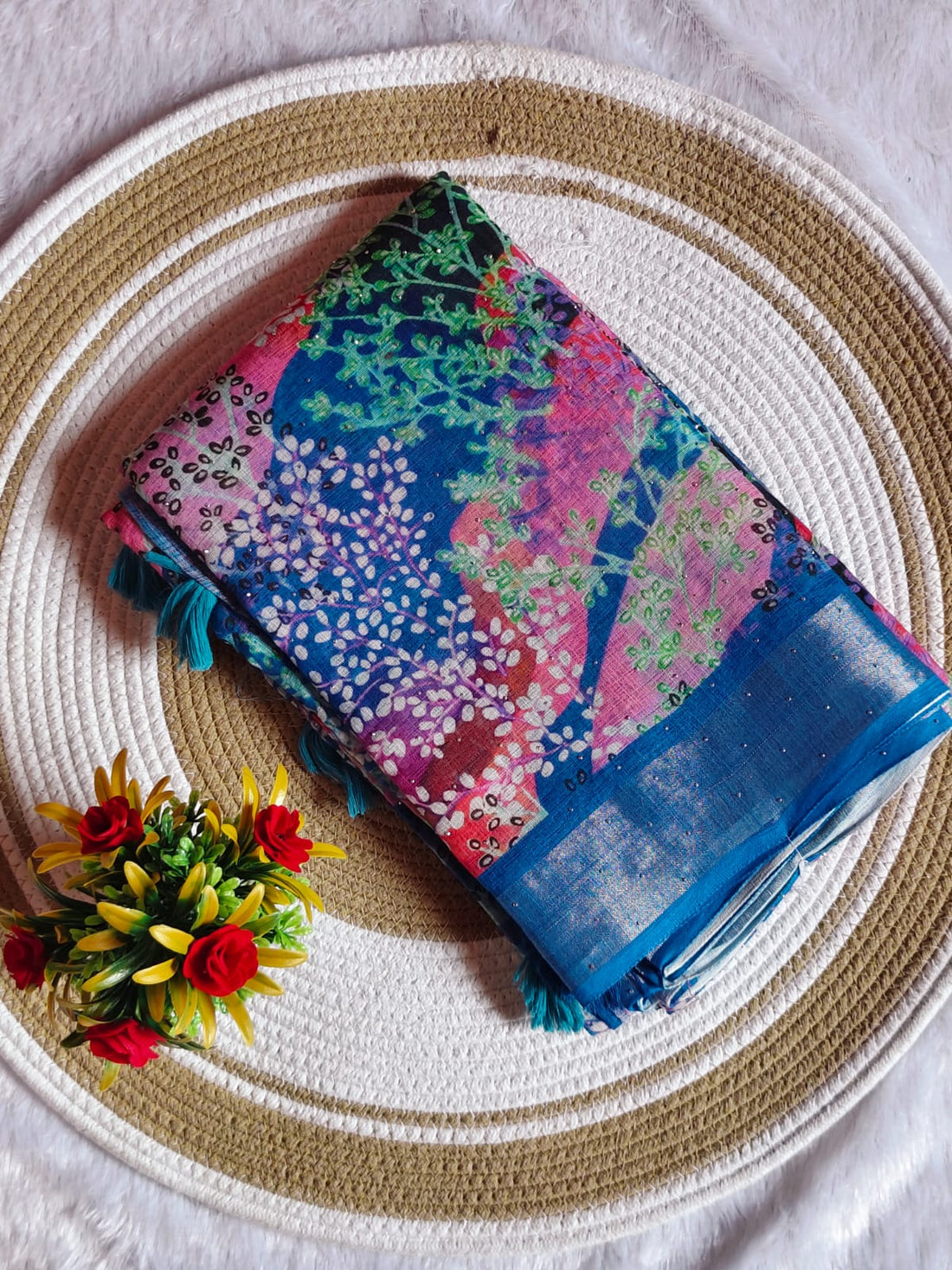 Linen Cotton Pink Floral Digital Print Saree