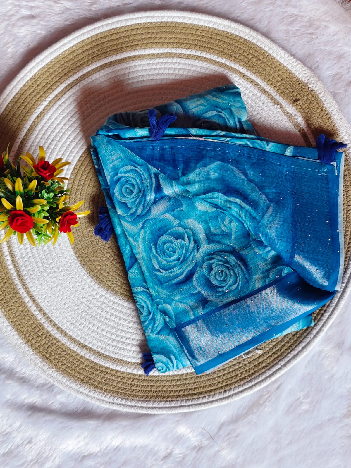 Linen Cotton Royal Blue Floral Digital Print Saree