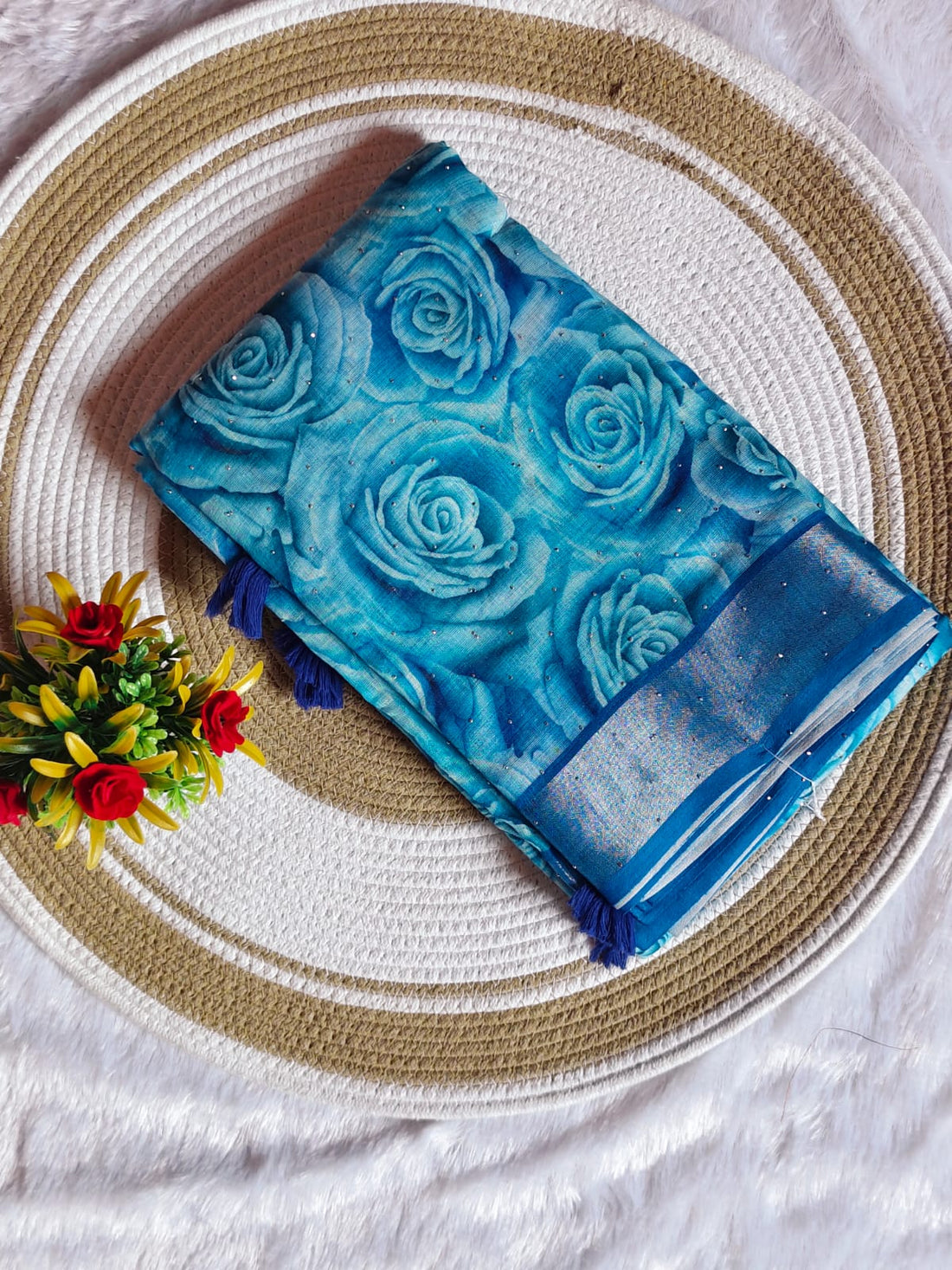 Linen Cotton Royal Blue Floral Digital Print Saree