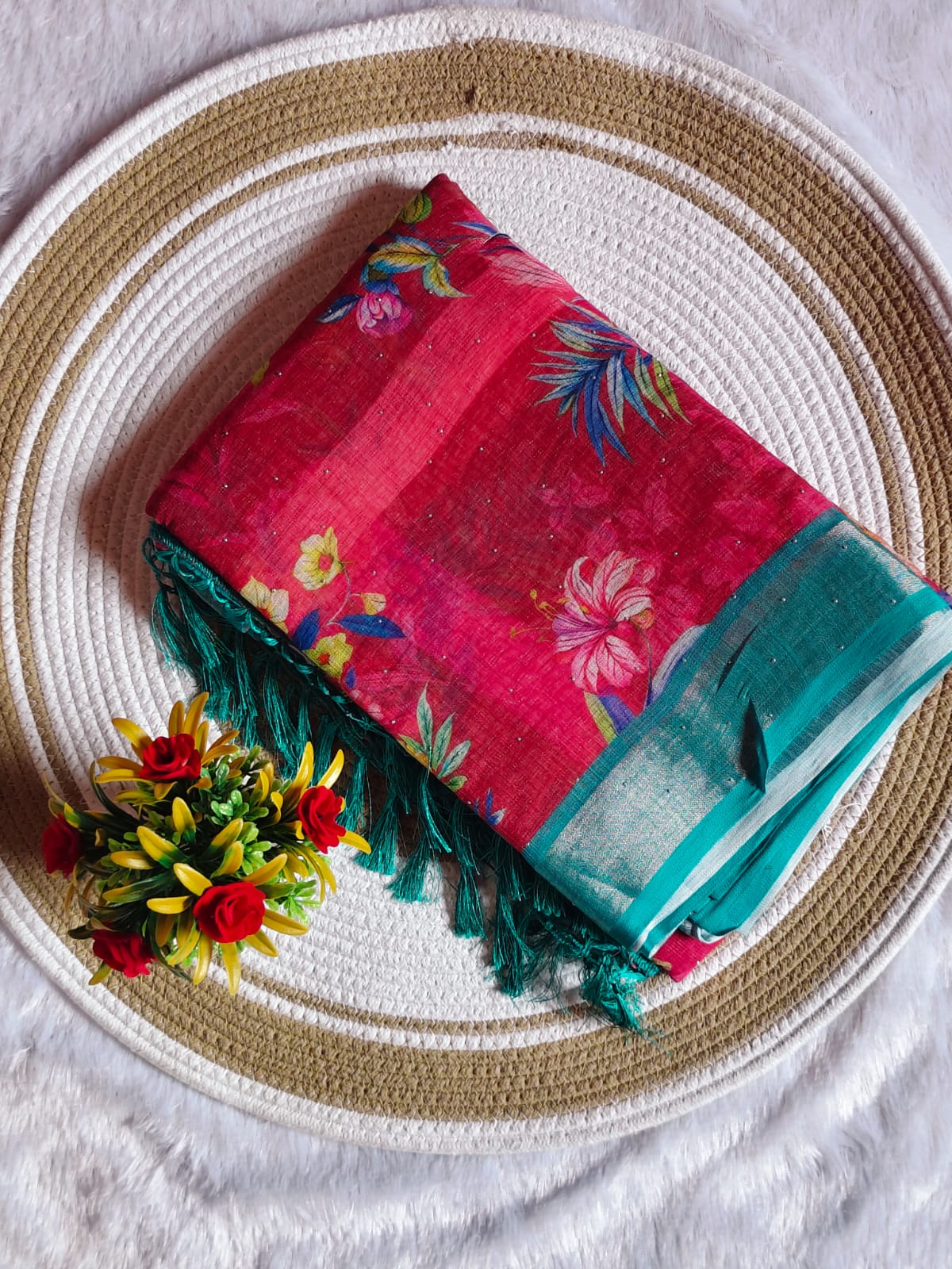 Linen Cotton Red Floral Digital Print Saree