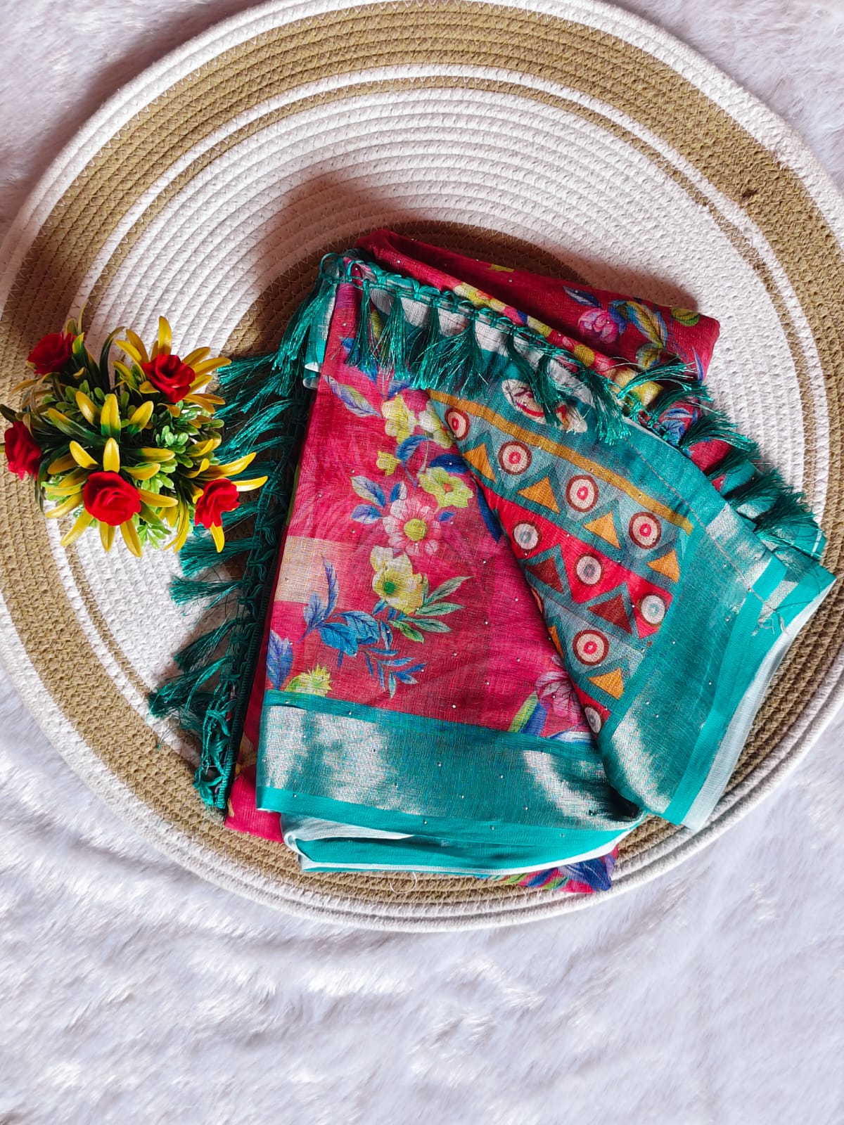 Linen Cotton Red Floral Digital Print Saree