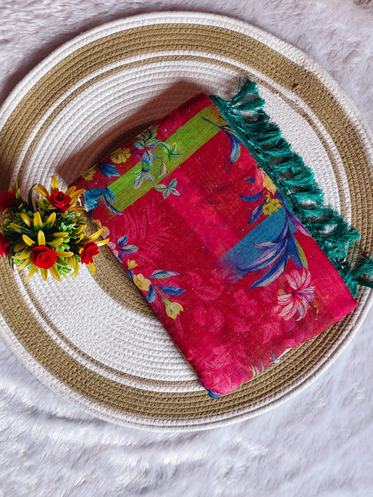 Linen Cotton Red Floral Digital Print Saree