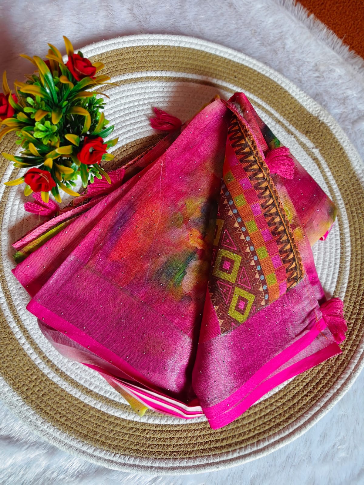 Linen Cotton Peach Pink Floral Digital Print Saree