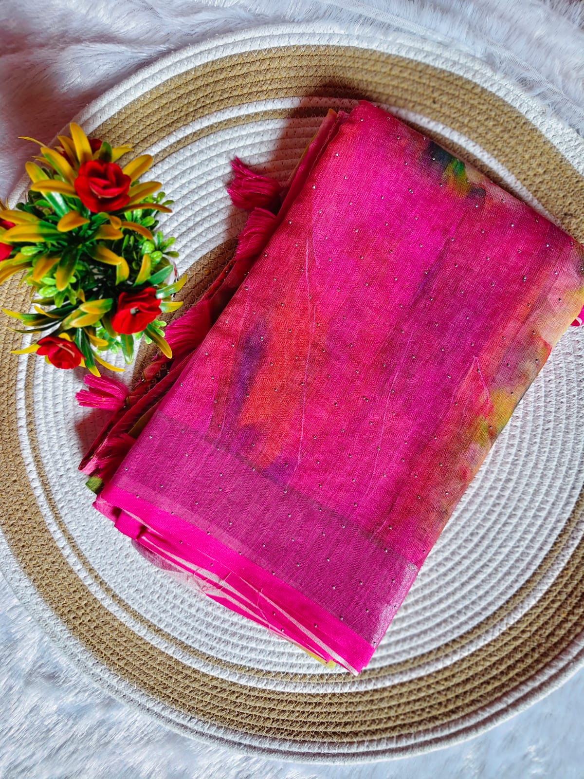 Linen Cotton Peach Pink Floral Digital Print Saree