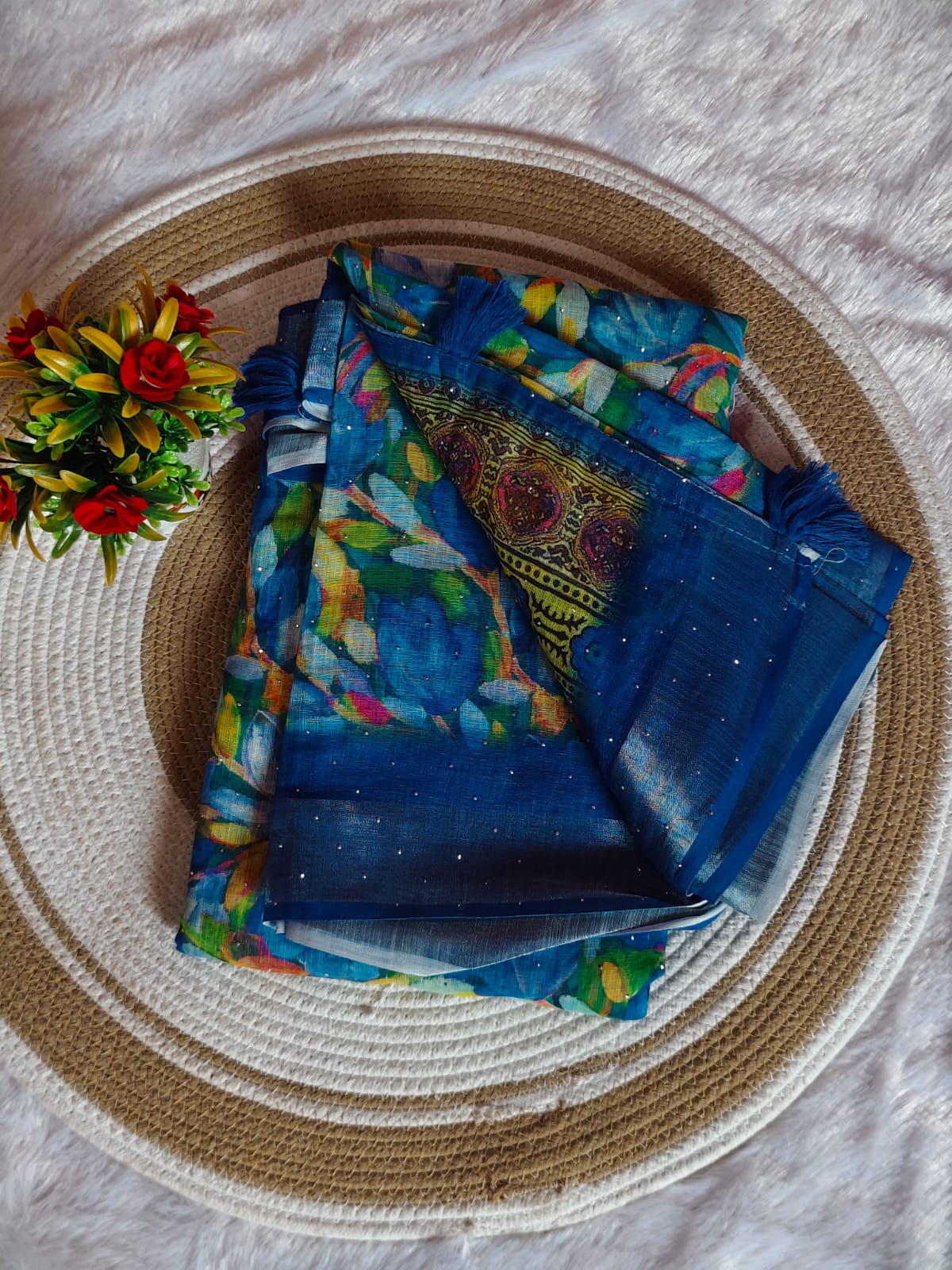 Linen Cotton Sky Blue Floral Digital Print Saree