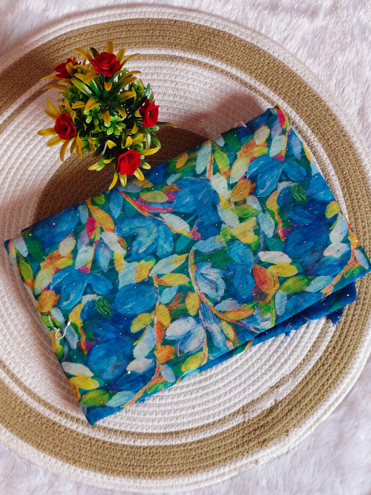 Linen Cotton Sky Blue Floral Digital Print Saree