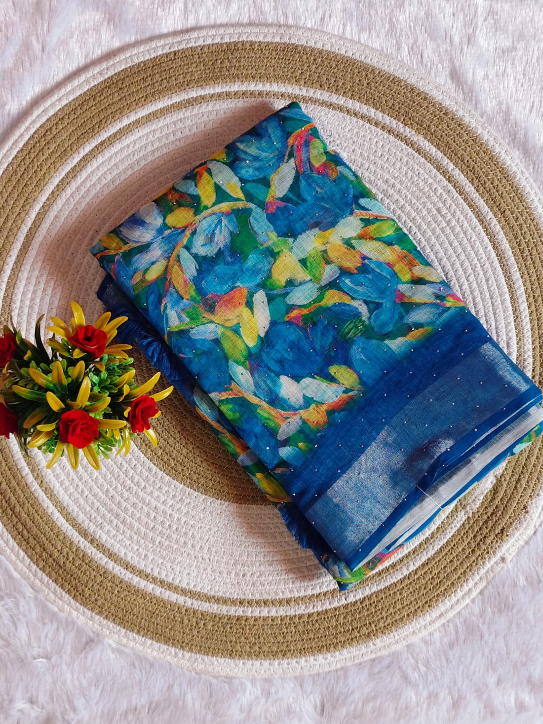 Linen Cotton Sky Blue Floral Digital Print Saree