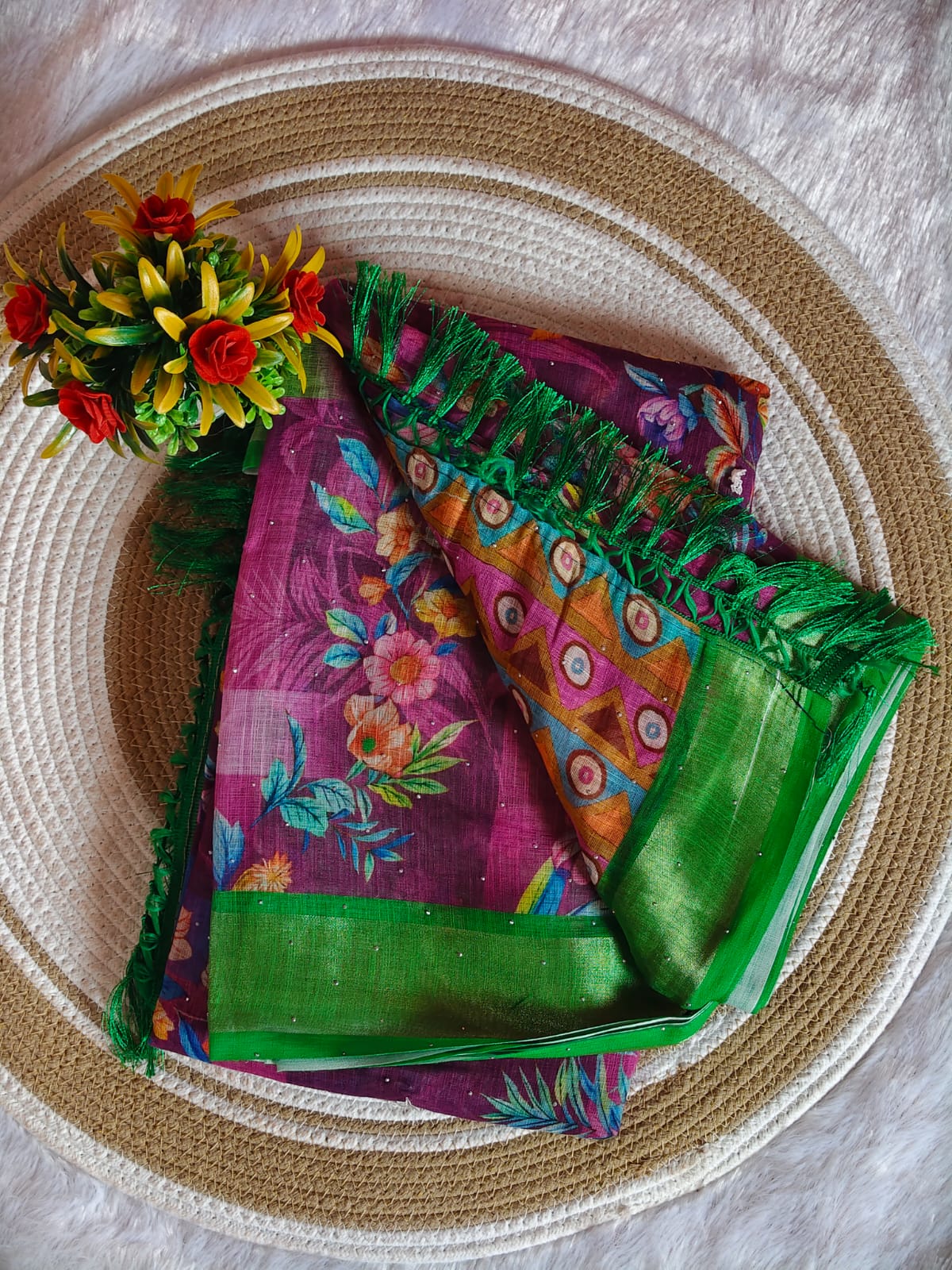 Linen Cotton Purple Floral Digital Print Saree