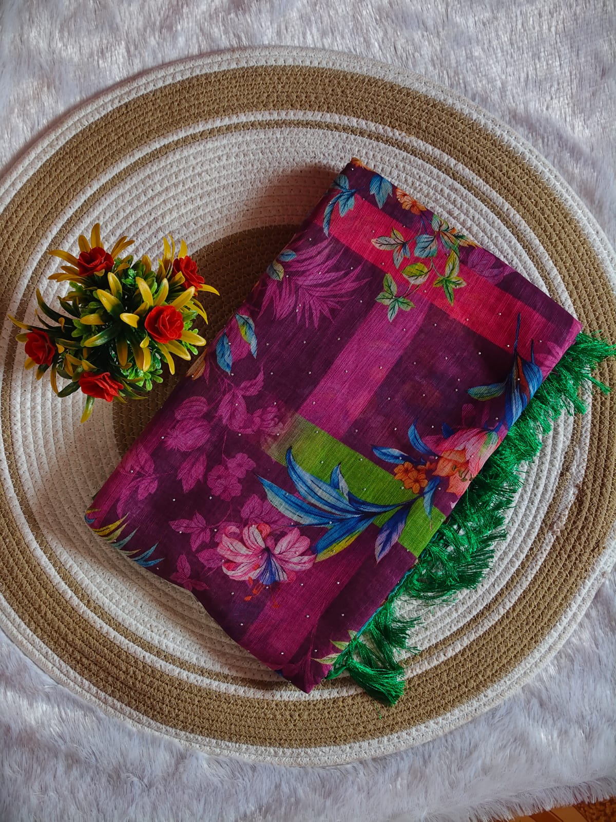 Linen Cotton Purple Floral Digital Print Saree