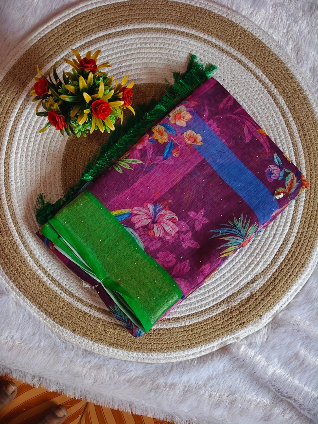 Linen Cotton Purple Floral Digital Print Saree