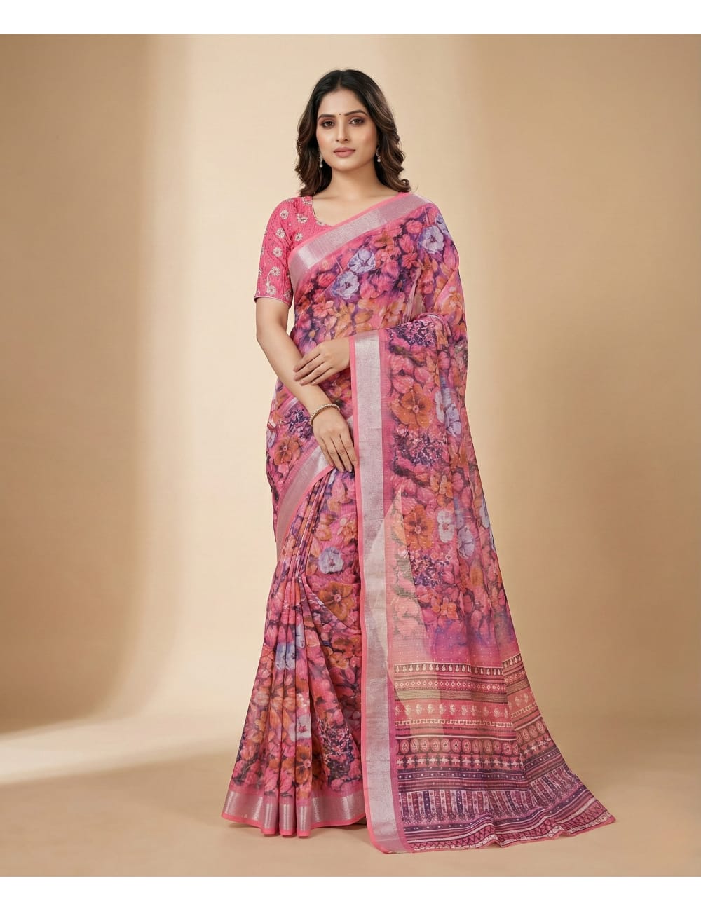 Linen Cotton Peach Pink Floral Digital Print Saree