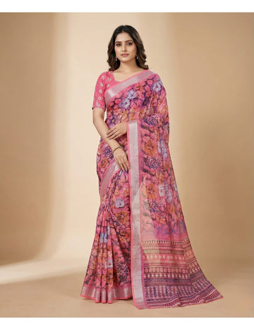 Linen Cotton Peach Pink Floral Digital Print Saree