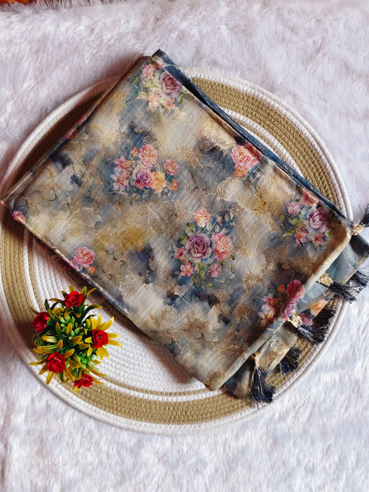 Peacock Gold Sandal With Blue Banarasi Saree