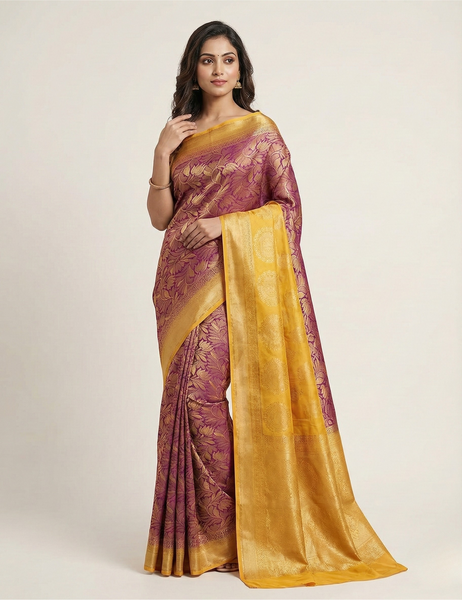 Royal Soft Purple Colour With Yellow Banarasi Saree