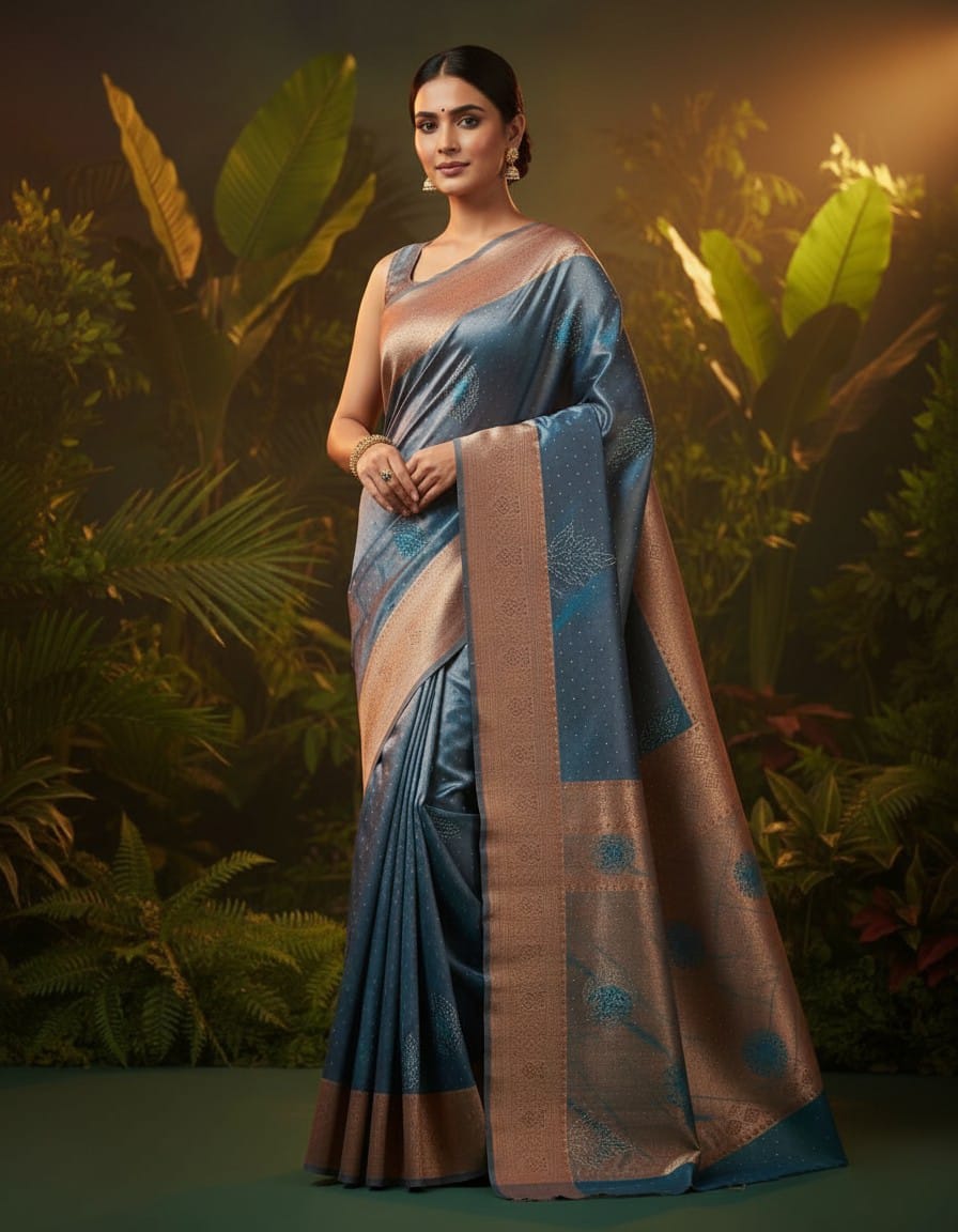 Grand Sky Blue Stone Work Kanchipuram Silk Saree