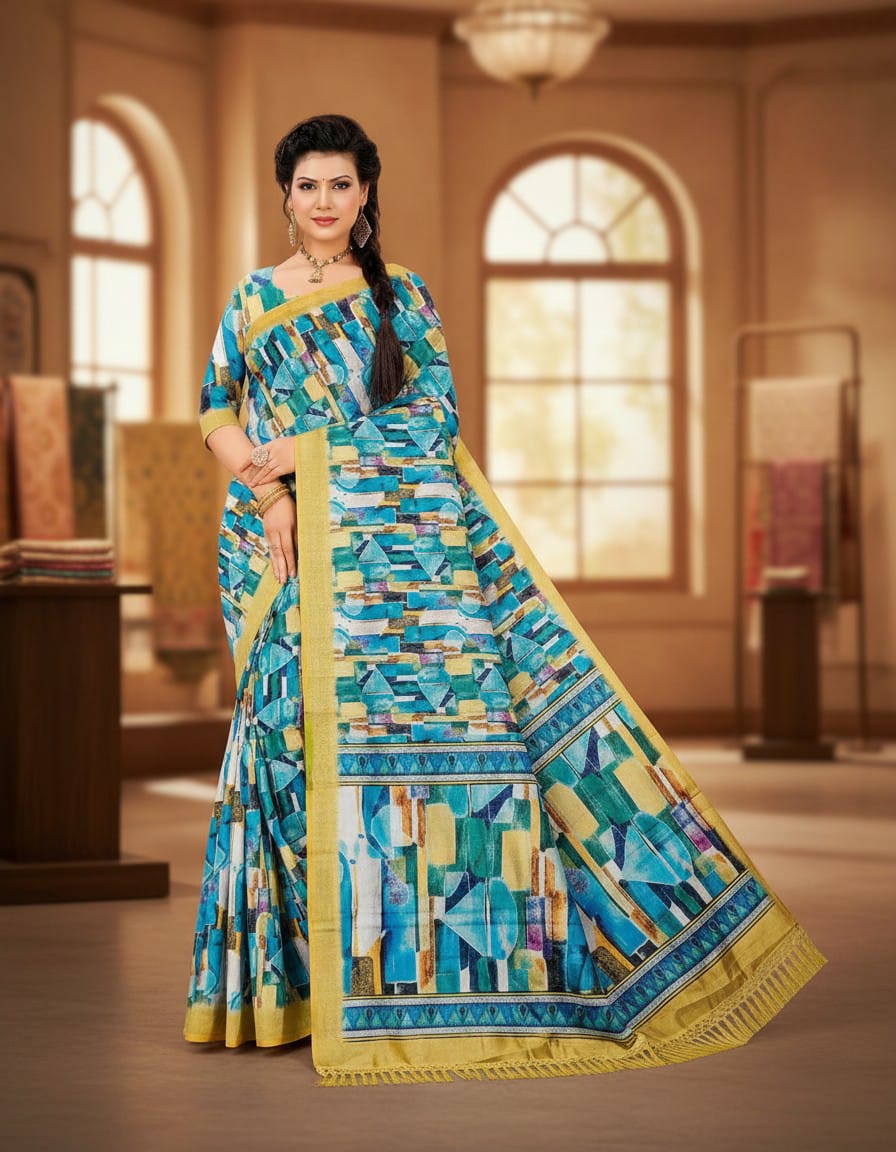 3D Digital Print Blue With Yellow Comfort Saree