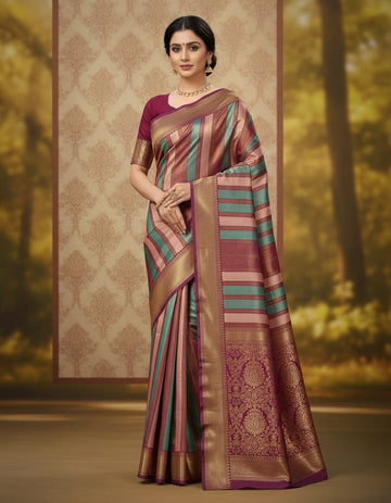 Kanchipuram Purple With Multicolour Vertical Lines Saree