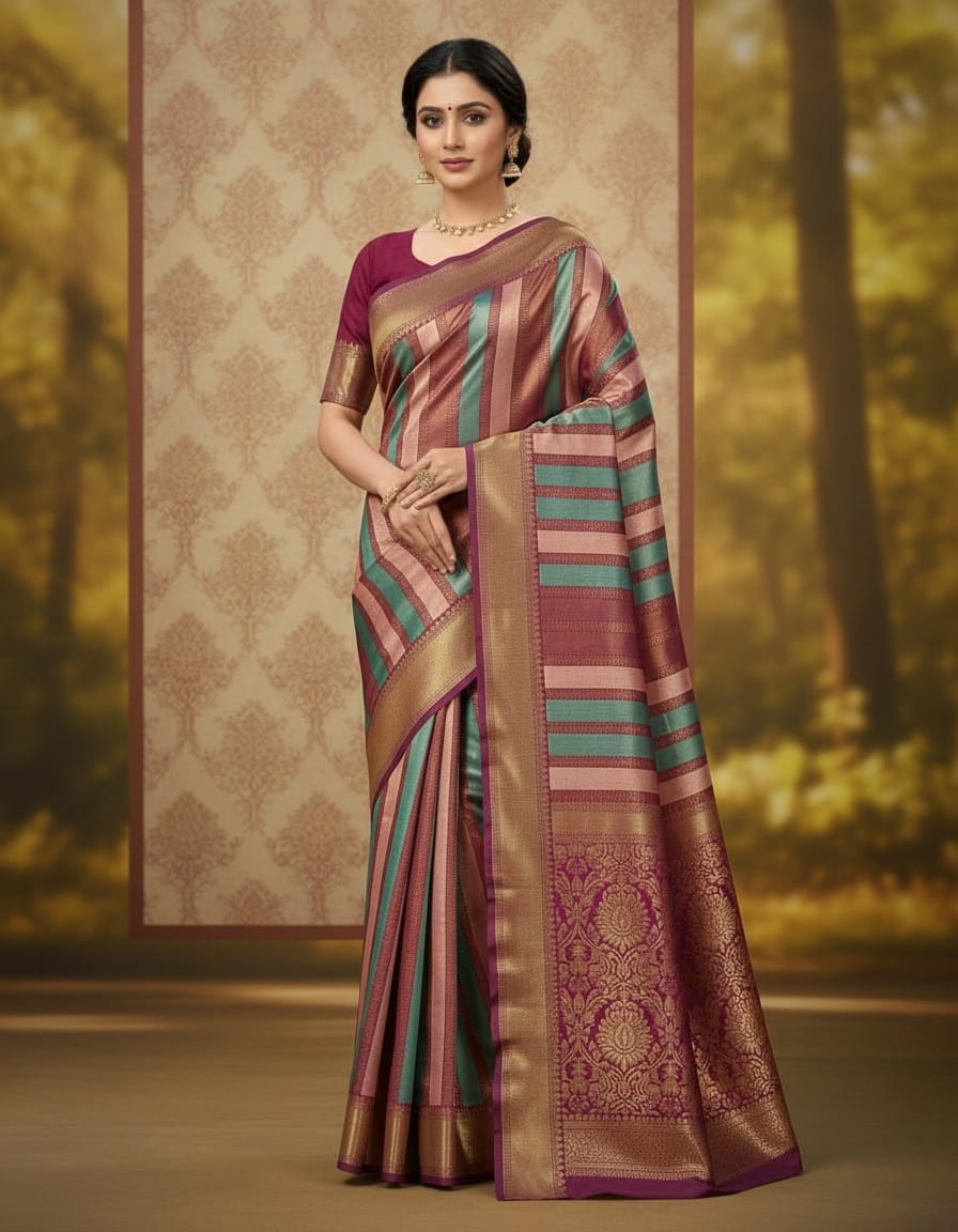 Kanchipuram Purple With Multicolour Vertical Lines Saree