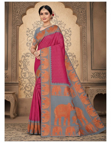 Royal Pink Elephant Checked Saree