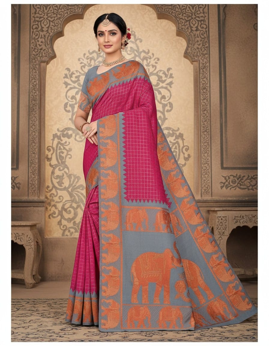 Royal Pink Elephant Checked Saree